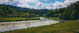 Preview wallpaper river, forest, trees, grass, meandering