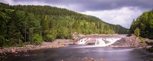 Preview wallpaper river, forest, trees, stones, stream, sky