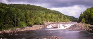 Preview wallpaper river, forest, trees, stones, stream, sky