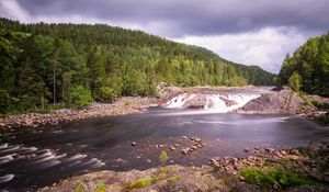 Preview wallpaper river, forest, trees, stones, stream, sky