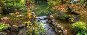 Preview wallpaper river, garden, pond, stones, threshold, vegetation, moss, from above