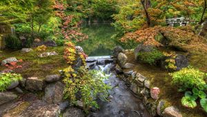 Preview wallpaper river, garden, pond, stones, threshold, vegetation, moss, from above