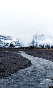 Preview wallpaper river, glaciers, mountains, fog, current, stones, iceland