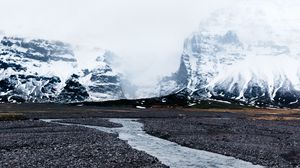 Preview wallpaper river, glaciers, mountains, fog, current, stones, iceland