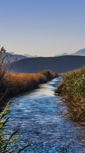 Preview wallpaper river, grass, bushes, hills