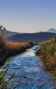 Preview wallpaper river, grass, bushes, hills