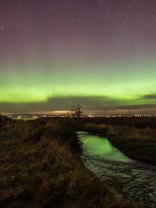 Preview wallpaper river, grass, field, northern lights, lights