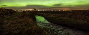 Preview wallpaper river, grass, field, northern lights, lights