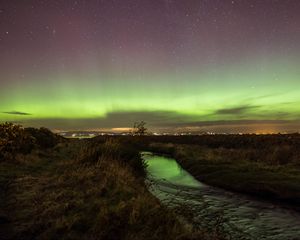 Preview wallpaper river, grass, field, northern lights, lights