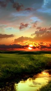 Preview wallpaper river, grass, greens, coast, decline, evening, clouds, sky