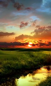 Preview wallpaper river, grass, greens, coast, decline, evening, clouds, sky