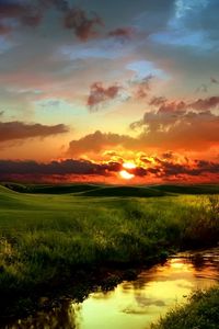 Preview wallpaper river, grass, greens, coast, decline, evening, clouds, sky