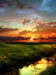 Preview wallpaper river, grass, greens, coast, decline, evening, clouds, sky