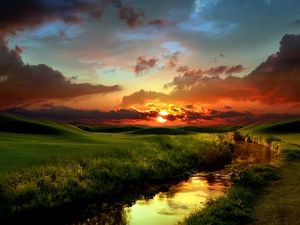 Preview wallpaper river, grass, greens, coast, decline, evening, clouds, sky