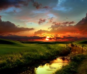 Preview wallpaper river, grass, greens, coast, decline, evening, clouds, sky