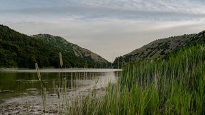 Preview wallpaper river, grass, hills, trees, sky