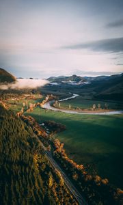 Preview wallpaper river, grass, mountains, landscape, road, forest