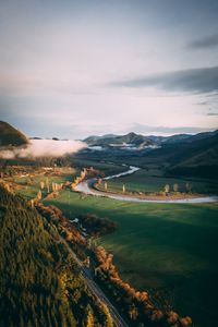 Preview wallpaper river, grass, mountains, landscape, road, forest