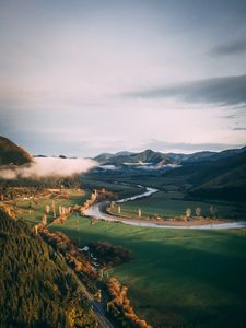 Preview wallpaper river, grass, mountains, landscape, road, forest