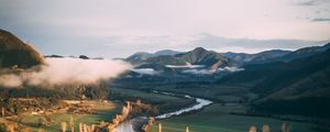 Preview wallpaper river, grass, mountains, landscape, road, forest