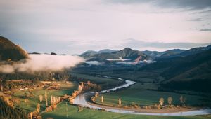 Preview wallpaper river, grass, mountains, landscape, road, forest