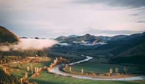 Preview wallpaper river, grass, mountains, landscape, road, forest