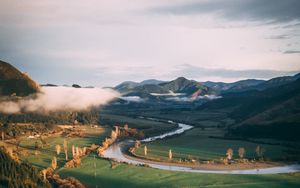 Preview wallpaper river, grass, mountains, landscape, road, forest