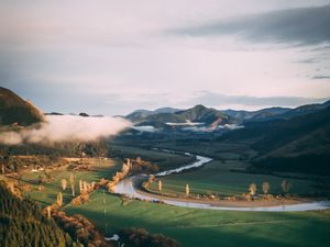 Preview wallpaper river, grass, mountains, landscape, road, forest