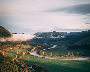 Preview wallpaper river, grass, mountains, landscape, road, forest