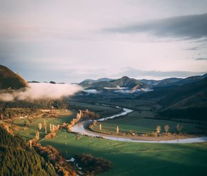 Preview wallpaper river, grass, mountains, landscape, road, forest