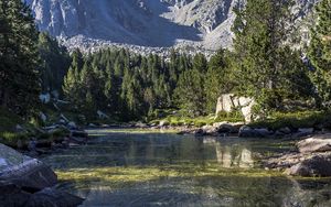 Preview wallpaper river, grass, stones, mountains, trees