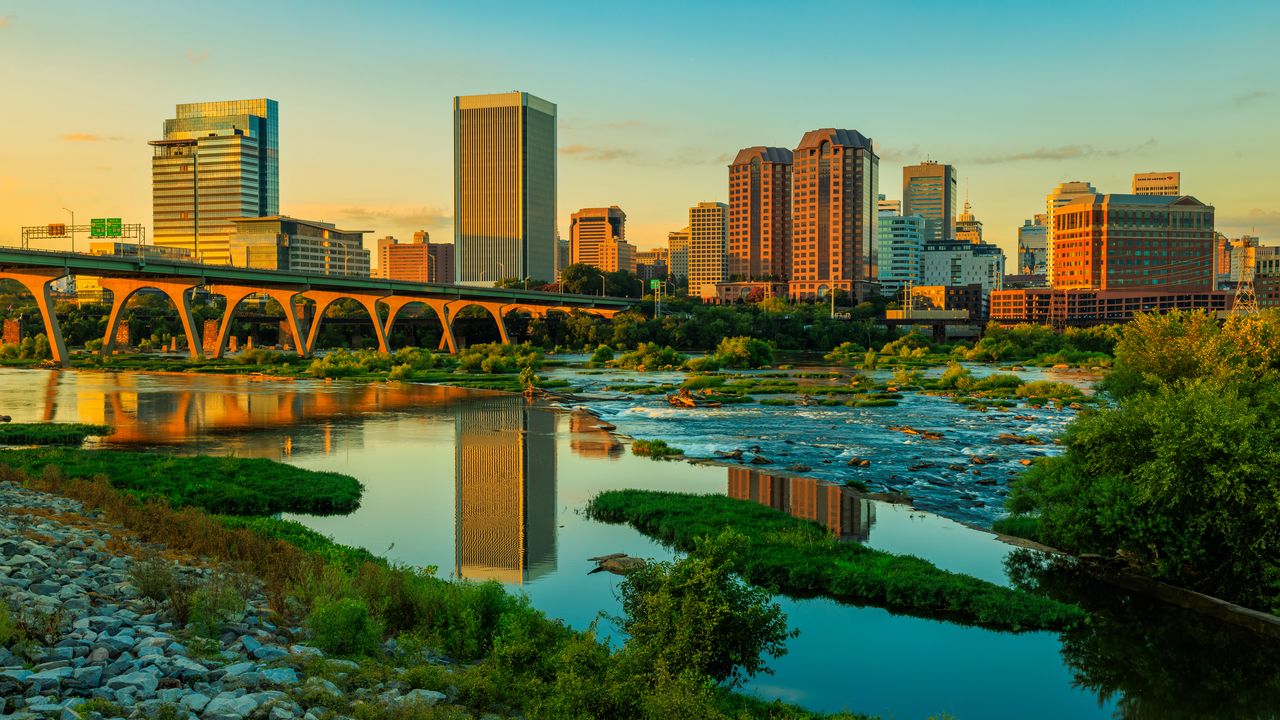 Wallpaper river, greens, bridge, buildings, city, sunset