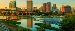 Preview wallpaper river, greens, bridge, buildings, city, sunset