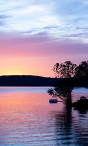 Preview wallpaper river, hill, tree, sunset, ripples