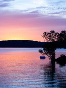 Preview wallpaper river, hill, tree, sunset, ripples