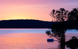 Preview wallpaper river, hill, tree, sunset, ripples