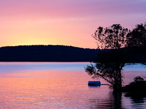 Preview wallpaper river, hill, tree, sunset, ripples