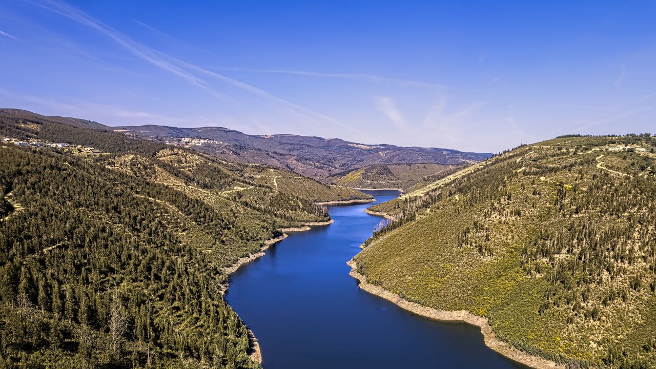 Wallpaper river, hills, forest, sky, aerial view, nature