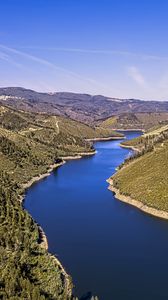 Preview wallpaper river, hills, forest, sky, aerial view, nature