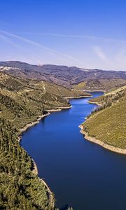 Preview wallpaper river, hills, forest, sky, aerial view, nature