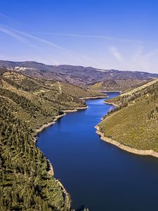 Preview wallpaper river, hills, forest, sky, aerial view, nature