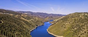 Preview wallpaper river, hills, forest, sky, aerial view, nature