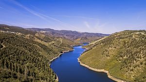 Preview wallpaper river, hills, forest, sky, aerial view, nature