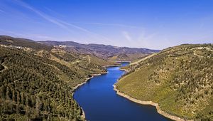 Preview wallpaper river, hills, forest, sky, aerial view, nature