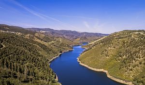 Preview wallpaper river, hills, forest, sky, aerial view, nature