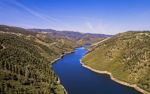 Preview wallpaper river, hills, forest, sky, aerial view, nature