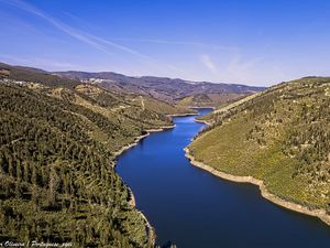 Preview wallpaper river, hills, forest, sky, aerial view, nature