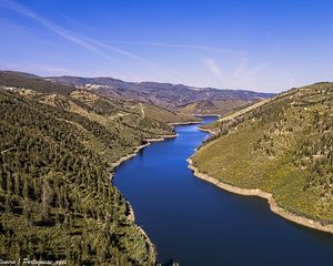 Preview wallpaper river, hills, forest, sky, aerial view, nature