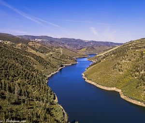 Preview wallpaper river, hills, forest, sky, aerial view, nature