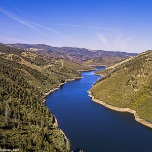 Preview wallpaper river, hills, forest, sky, aerial view, nature